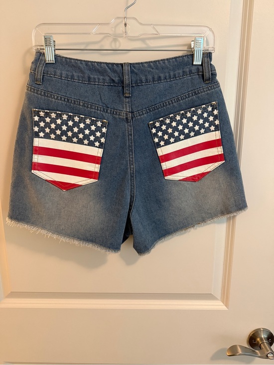 Cupshe Pants - Cupshe Blue Denim Shorts with Red, White & Blue Flag Pockets